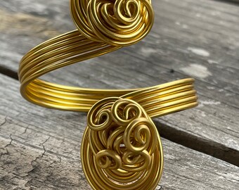 Gold Aluminum Wire Cuff Bracelet, Unique adjustable arm cuff
