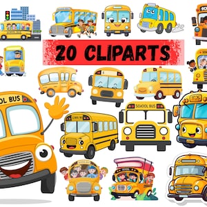 Könnte beinhalten: Eine Sammlung von 20 Cartoon-Schulbus-Cliparts. Die Busse sind hauptsächlich gelb mit verschiedenen Designs, einige zeigen lächelnde Gesichter und Kinder. Der Text "20 CLIPARTS" ist enthalten.