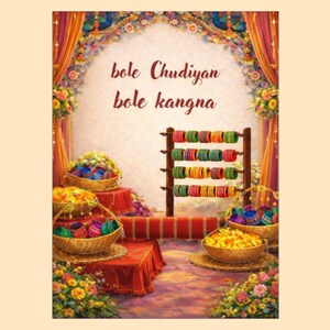 Op de afbeelding: Een illustratie van een feestelijke scène met kleurrijke armbanden en manden. De afbeelding bevat de tekst "bole Chudiyan bole kangna" in een decoratieve boog, met een display van armbanden en bloemstukken.