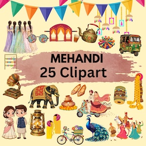 Paquete de imágenes prediseñadas de boda Mehndi, elementos nupciales indios Desi, PNG, PDF, descarga digital