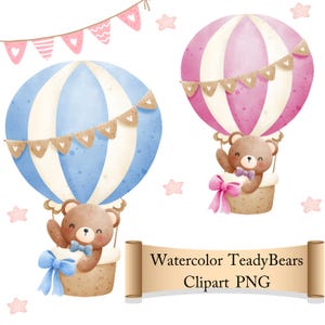 Watercolor Teddy Bear Hot Air Balloon Clipart PNG Pink & Blue Baby Shower Nursery Decor Cute Bear Clip Art for Scrapbooking and Invitations