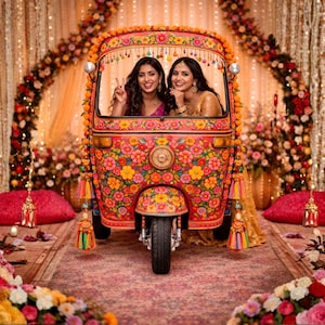 May include: A vibrant, decorated auto-rickshaw, adorned with colorful floral patterns, is the focal point. Two women are inside, smiling. The setting is a festive event, with floral arches and decorative elements. The auto-rickshaw has a single front wheel.