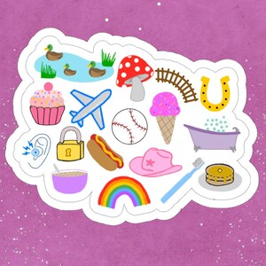 May include: A white vinyl sticker with a variety of colorful illustrations, including a rainbow, a hot dog, a cupcake, a baseball, a bathtub, a toothbrush, a lock, a plane, a horseshoe, a cowboy hat, a mushroom, a duck, a bowl of cereal, and an ice cream cone. The sticker also includes the text "Bejeweled Bun" and "VINYL STICKER".