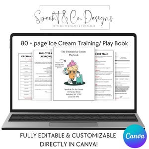 Op de afbeelding: Een laptop toont een trainingshandleiding voor ijs van meer dan 80 pagina's. De omslag toont een ijsje-personage. Tekst bevat "Specht & Co. Designs" en "VOLLEDIG BEWERKBAAR & AANPASBAAR RECHTSTREEKS IN CANVA!"