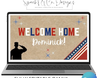 Puede incluir: Una computadora portátil muestra una pancarta patriótica de "Bienvenida a casa". La pancarta presenta texto y elementos de diseño rojos, blancos y azules, incluida una silueta de soldado saludando y estrellas. El texto "WELCOME HOME Dominick!" se muestra.