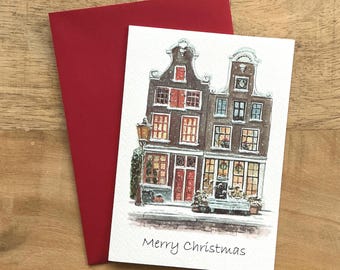 Christmas Card Amsterdam Canal Houses in Snow, A6 Holiday Greeting Card with Envelope, Dutch Winter Art print