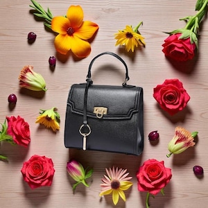 Elegant Black Leather Top Handle Bag – Structured Designer Purse with Gold Hardware – Classic Vintage-Style Handbag – Gift for Her