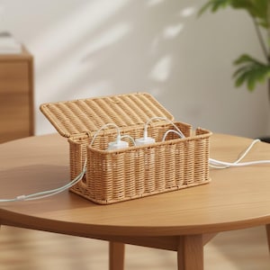 May include: A woven wicker cable organizer with a hinged lid, open to reveal two white power adapters. The rectangular box is light brown and sits on a round wooden table. White cords extend from the box.