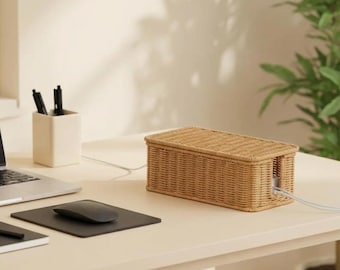 May include: A rectangular light brown woven rattan cable management box with a lid, featuring a side opening for white power cords to pass through, sitting on a desk surface next to a computer mouse and a pen holder.