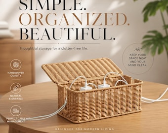 Rattan Cable Management Box | Woven Cord Organizer | Power Strip Hider | Bohol Cable Storage Basket | Child & Pet Safe Cable