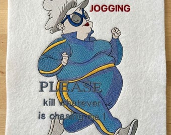 Grappige vrouw joggen machine borduurwerk ontwerpen, geestige oma zegt, humor voor volwassenen (PES zomertijd-bestanden)