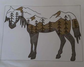 Mountain Horse Silhouette Machine Embroidery Design, Wilderness Mountain Art, Digital PES DST Files