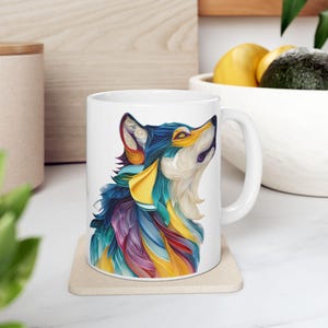 Ceramic Mug, (11oz, 15oz) Quilled Wolf, Wolf Lover, Animal Lover, Nature, Quilled Technique, Gift, Multi colored Design,