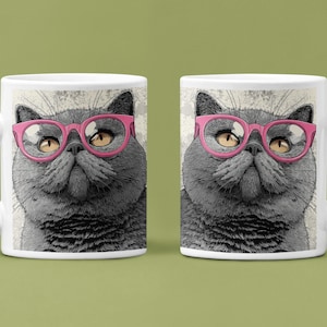 Ceramic Mug, (11oz, 15oz) Comical Cat, Pink Glasses, Cute large Cat, Whimsical, Wrap Around Design, Cat Lover
