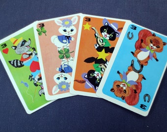 4 Adorable Animal Vintage Cards , Whitman Hearts Game - Bunny, Kitty, Squirrel, Racoon