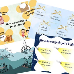 May include: Four colorful cards with illustrations and text. The first card has a yellow background with a question about serving others. The second card has a blue background with a question about feeling God's light. The third card has a blue background with a list of gifts of the Holy Spirit. The fourth card has a blue background with a list of ways to feel God's light.