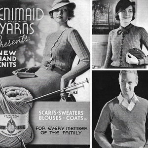 May include: A vintage advertisement for Penimaid Yarns featuring three people wearing knitted garments. The ad text reads "Penimaid Yarns Presents New Hand Knits Scarfs Sweaters Blouses Coats Etc. For Every Member Of The Family".
