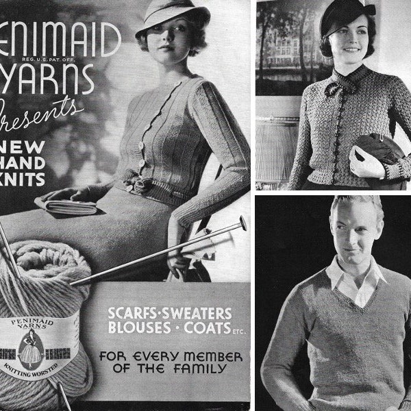Vintage 1930s Pattern Booklet | 1935 Penimaid Yarns Presents New Hand Knits | Art deco dresses suits sweaters blouses mens children | PDF