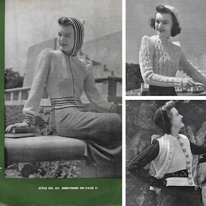Puede incluir: Un folleto de patrones de tejido de punto vintage con tres mujeres que llevan diferentes suéteres y sombreros de punto. La portada del folleto es verde y presenta el texto "Bernat's Handicrafter" y "Handknit sports fashions".