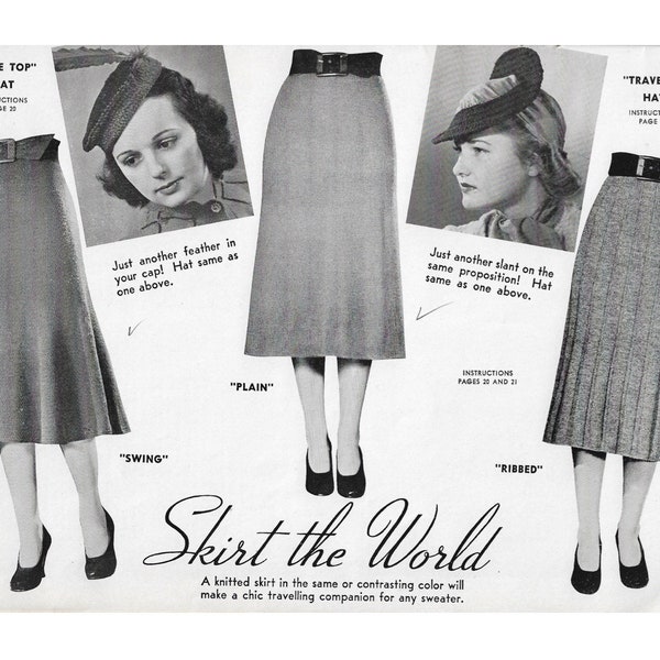 Vintage 1940s Knitting Patterns | 3 skirts & 2 hats | swing skirt A line skirt ribbed skirt | 1930s skirt 40s skirt crochet hats | PDF