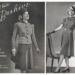 May include: A black and white image of two women modeling knitted dresses. The woman on the left is wearing a fitted, ribbed knit dress with a matching cardigan. The woman on the right is wearing a pleated dress with a ruffled neckline. Both women are wearing hats. The image is from a vintage knitting pattern book.