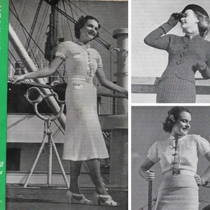 Peut inclure: Une couverture de magazine vintage représentant trois femmes portant des pulls et des jupes en tricot. Le magazine est intitulé "Bernat's Handicrafter" et porte le texte "Handknit Fashions Vol. IX No. 1 Price 25c Directions on Page 42".
