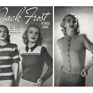 May include: A vintage knitting pattern book from Jack Frost, volume 44, featuring two models wearing knitted cardigans. The book cover shows a striped cardigan and a solid cardigan with a collar.
