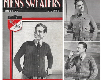 Vintage 1930s Men&#39;s Knitting Pattern Booklet | 1937 Spool Cotton Company Mens Sweater Book 99 | 30s sweaters vests cardigans pullovers | PDF