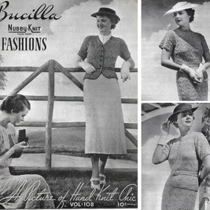 May include: A vintage black and white advertisement for Bucilla Nubby-Knit Fashions. The ad features three women wearing different knitted dresses and sweaters. The text "A Picture of Hand Knit Chic" is at the bottom of the ad.