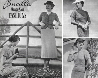 Vintage 1930s Knitting Pattern Booklet | 1938 Bear Brand Bucilla Nubby-Knit Fashions Vol. 108 | art deco 30s knit dresses hats jackets | PDF