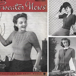 Peut inclure: Une couverture de magazine vintage pour "Sweater News" mettant en scène trois femmes portant des pulls tricotés. La couverture du magazine est rouge et blanche avec le titre "Sweater News" en écriture cursive noire. Le magazine est du numéro 139 et coûte 10 cents.