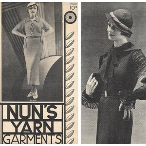 May include: A vintage knitting pattern booklet featuring two women wearing knitted dresses. The booklet is titled "Nun's Yarn Garments" and has a price of 10 cents. The book number is 820.