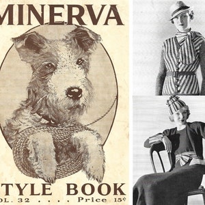May include: A vintage magazine cover for Minerva Style Book, volume 32, featuring a black and white illustration of a dog with a rope toy. The text "MINERVA" is in large, bold letters at the top of the cover, and the text "STYLE BOOK" is in large, bold letters at the bottom of the cover. The price is listed as 15 cents.