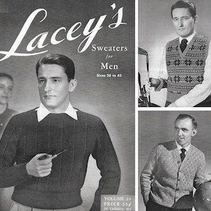 May include: A vintage advertisement for Lacey's sweaters for men. The ad features three men wearing different styles of sweaters. The text reads "Lacey's Sweaters for Men Sizes 38 to 42".