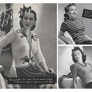 May include: A vintage knitting pattern booklet featuring three women wearing different knitted sweaters. The cover features a woman wearing a white sweater with black trim and a large bow. The text on the cover reads "Hand Knits by Brehive" and "Book No. 125 Price 25 Cents".