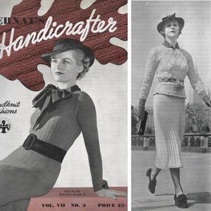 May include: A vintage knitting pattern magazine cover featuring a woman wearing a knitted dress and a matching hat. The magazine is called "Handicrafter" and features the text "handknit fashions".