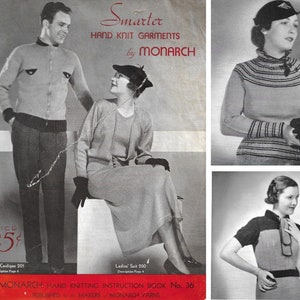 May include: A vintage knitting instruction book cover featuring three models wearing hand-knitted garments. The cover is red and white with the text "Smarter Hand Knit Garments by Monarch" and "Monarch Hand Knitting Instruction Book No. 36".