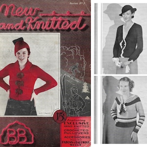 Op de afbeelding: Een vintage tijdschriftcover met een vrouw die een rode gebreide trui draagt met een witte kraag en een zwarte rok. De tekst op de omslag luidt "New and Knitted" en bevat een rood garenlogo met de letters "BB". Het tijdschrift adverteert met "Exclusieve handgebreide en gehaakte truien en accessoires", gemaakt met Patons Baldwins Wools.