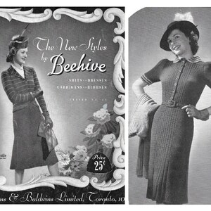 Könnte beinhalten: Eine Vintage-Werbung für Strickmuster von Beehive mit zwei Frauen in Kleidern. Der Text lautet "The New Styles by Beehive" und listet "Suits, Dresses, Cardigans, Blouses" auf. Der Preis ist mit 25 Cent angegeben.