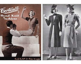 Vintage 1930s Knitting Pattern Booklet | Corticelli Hand Knit Fashions Book No. KP25 | Late 30s knit dress sets suits blouses sweaters | PDF