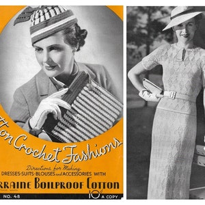 Vintage 1930s Pattern Booklet | Lorraine Cotton Crochet Fashions Book No. 48 | Art deco crochet dresses suit blouses sweater hats bags | PDF