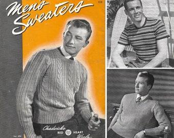 Vintage 1940s Men&#39;s Knitting Pattern Booklet | 1947 Chadwicks Red Heart Mens Sweater Book 240 | 40s sweaters vests cardigans pullovers | PDF