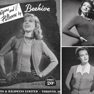 May include: A vintage knitting pattern booklet featuring three women wearing knitted cardigans and pullovers. The cover of the booklet features the title "Cardigans and Pullovers by Beehive" and the text "Series No. 36" and "Price 20¢".