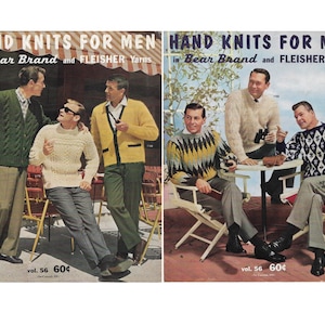 May include: A vintage knitting pattern book featuring men's sweaters. The cover shows three men wearing different knit sweaters. The book is titled "Hand Knits for Men" and features the brands "Bear Brand" and "Fleisher Yarns".