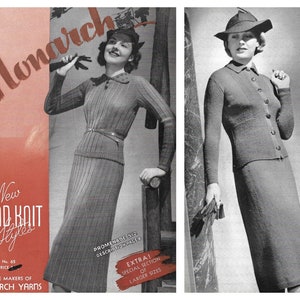 May include: A vintage knitting pattern booklet featuring a black and white photo of a woman wearing a knitted skirt and sweater set. The cover of the booklet is pink and features the text "Monarch Presents New Hand Knit Styles No. 65 Price By The Makers of Monarch Yarns".