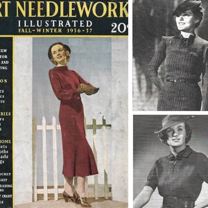 May include: A vintage magazine cover for Art Needlework Illustrated, featuring a woman wearing a red dress and a woman wearing a black and white striped dress. The magazine cover is from Fall-Winter 1936-37.