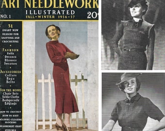 Vintage 1930s Knitting Crochet Pattern Booklet | 1936 Spool Cotton Art Needlework Illustrated | Art Deco dress suit blouse sweaters | PDF