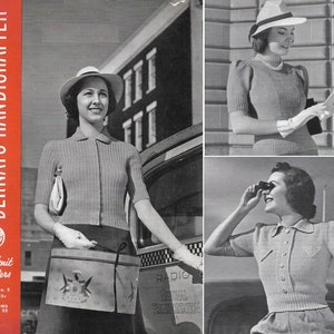 Puede incluir: Una portada de revista vintage con tres mujeres que llevan suéteres de punto. La revista se titula "Bernat's Handicrafter" y presenta el texto "Handknit Sweaters, Vol. IX No. 2, Price 25c, Directions on Page 22".