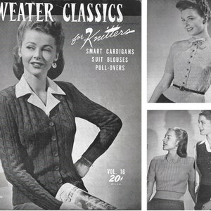 Vintage 1940s Knitting Pattern Booklet | 1943 Sweater Classics for Knitters Vol 16 | 40s knit sweaters cardigans suits blouses pullovers PDF