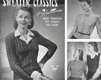 Vintage 1940s Knitting Pattern Booklet | 1943 Sweater Classics for Knitters Vol 16 | 40s knit sweaters cardigans suits blouses pullovers PDF